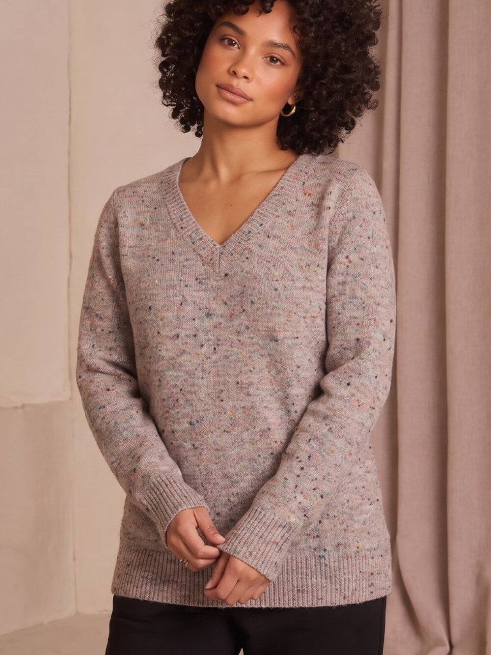 LOFT Pink Confetti Speckled V-Neck Sweater